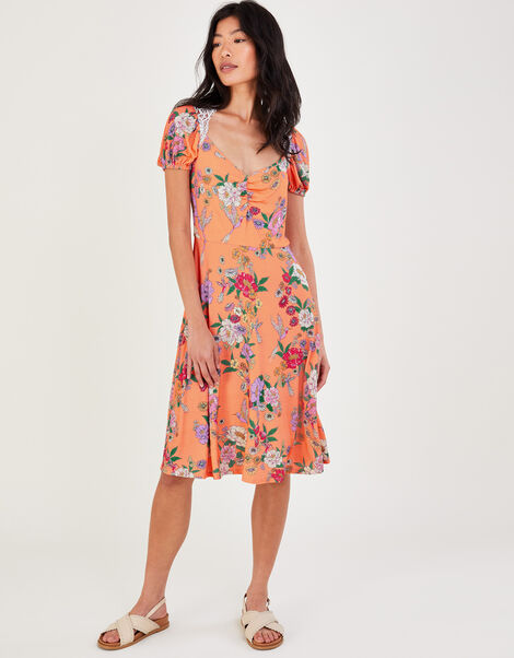 Lace Insert Floral Jersey Dress, Orange (PEACH), large