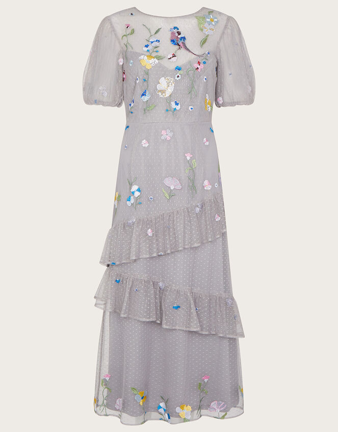 Gwendolyn Embroidered Tiered Midi Dress, Grey (GREY), large