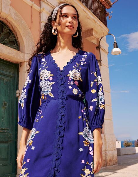 Olla Floral Embroidered Tea Dress in Sustainable Viscose, Blue (BLUE), large