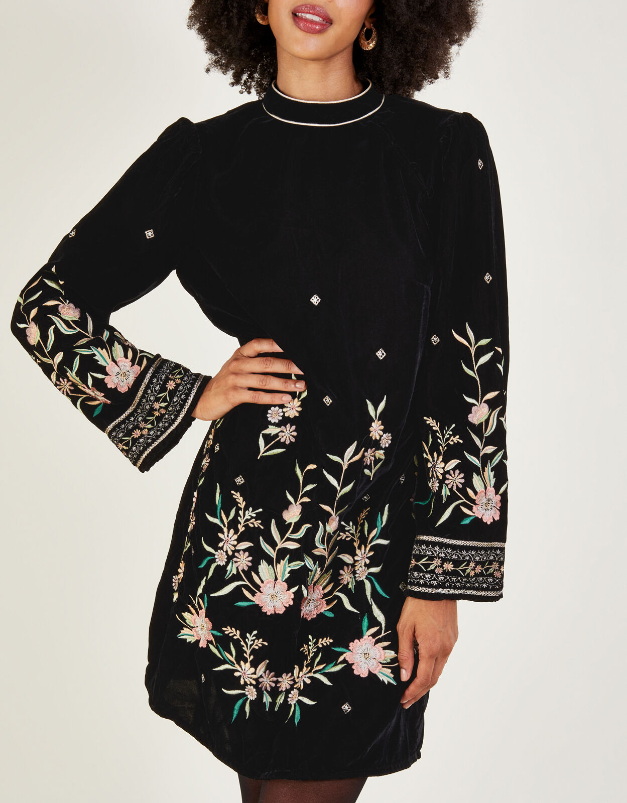 Nikki Velvet Embroidered Tunic Dress Black Evening Dresses
