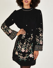 Nikki Velvet Embroidered Tunic Dress, Black (BLACK), large