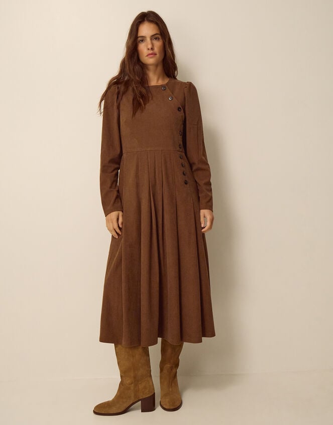 Silvia Button Stretch Corduroy Midi Dress, Tan (TAN), large