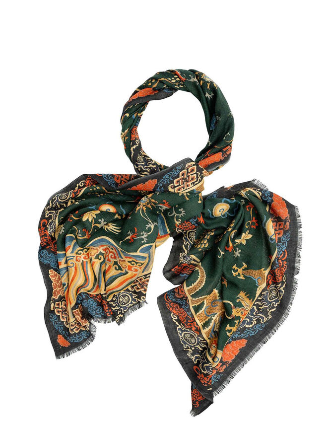 One Hundred Stars Dragon Print Wool Scarf, Green (GREEN), large