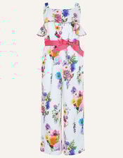 Floral Belted Jumpsuit , White (WHITE), large