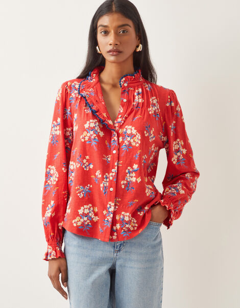 Sarah Frill Floral Print Shirt, Red (RED), large