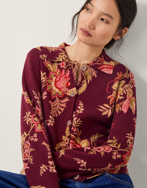 Yasmina Floral Collar Cardigan, Red (BERRY), large
