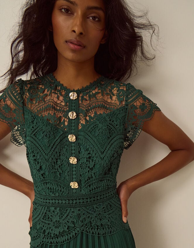 Mila Lace Pleated Midi Dress, Green (GREEN), large