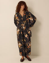 Clemence Seraphine Floral Print Satin Blouson Blouse, Black (BLACK), large