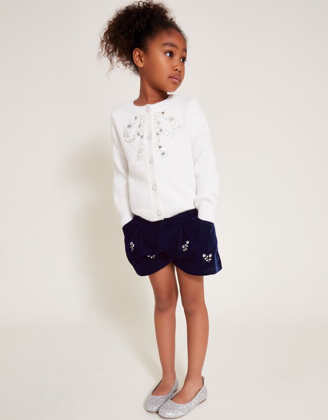 Flower Embellished Velvet Shorts, Blue (NAVY), large
