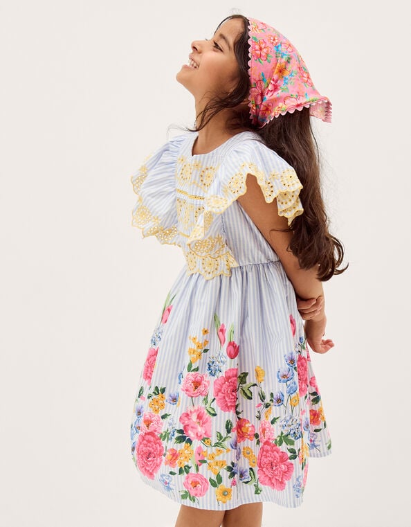 Floral Stripe Broderie Sleeve Dress, Blue (BLUE), large