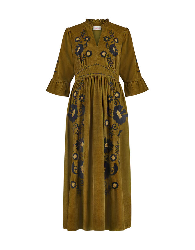 East Floral Embroidered Corduroy Maxi Dress, Green (GREEN), large