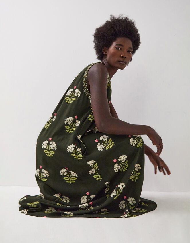 East Flossie Sleeveless Floral Maxi Dress, Green (KHAKI), large