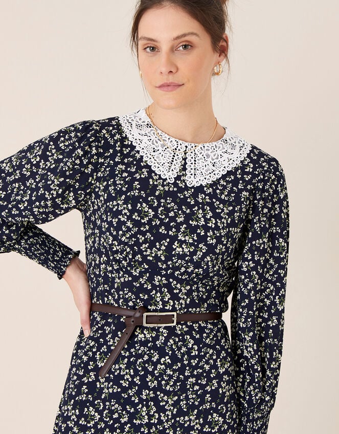 Lace Collar Floral Dress, Blue (NAVY), large