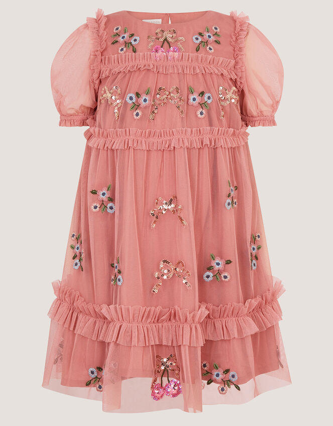 Mon Cheri Floral Embroidered Mesh Dress, Pink (PINK), large