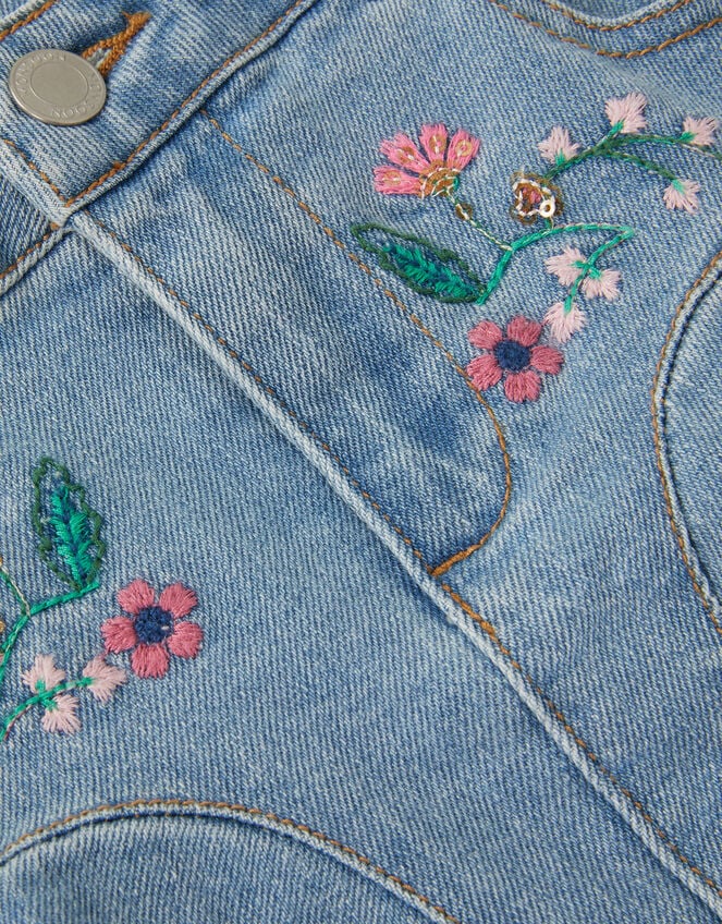 Floral Embroidered Denim Mini Skirt, Blue (BLUE), large