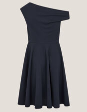 One-Shoulder Drape Skater Dress, Blue (NAVY), large