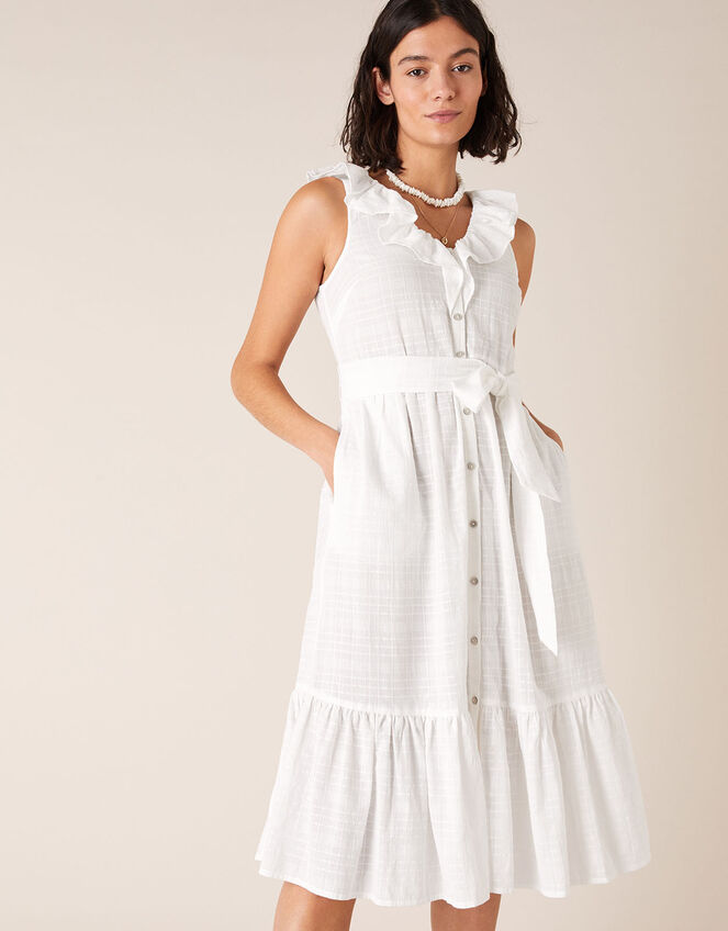Ruffle Neck Dress in Organic Cotton, White (WHITE), large