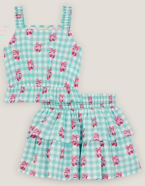 Gingham Cherry Skirt Set , Green (GREEN), large