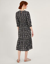 Geometric Print ¾ Sleeve Shirred Dress in LENZING™ ECOVERO™, Black (BLACK), large