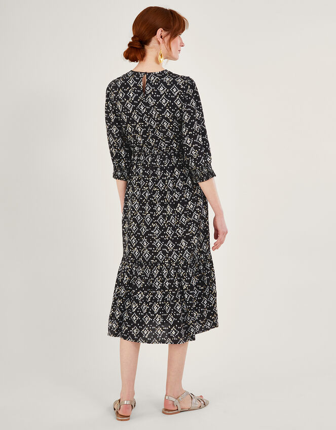 Geometric Print ¾ Sleeve Shirred Dress in LENZING™ ECOVERO™, Black (BLACK), large