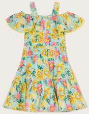 Tropical Print Tiered Bardot Dress, Green (GREEN), large
