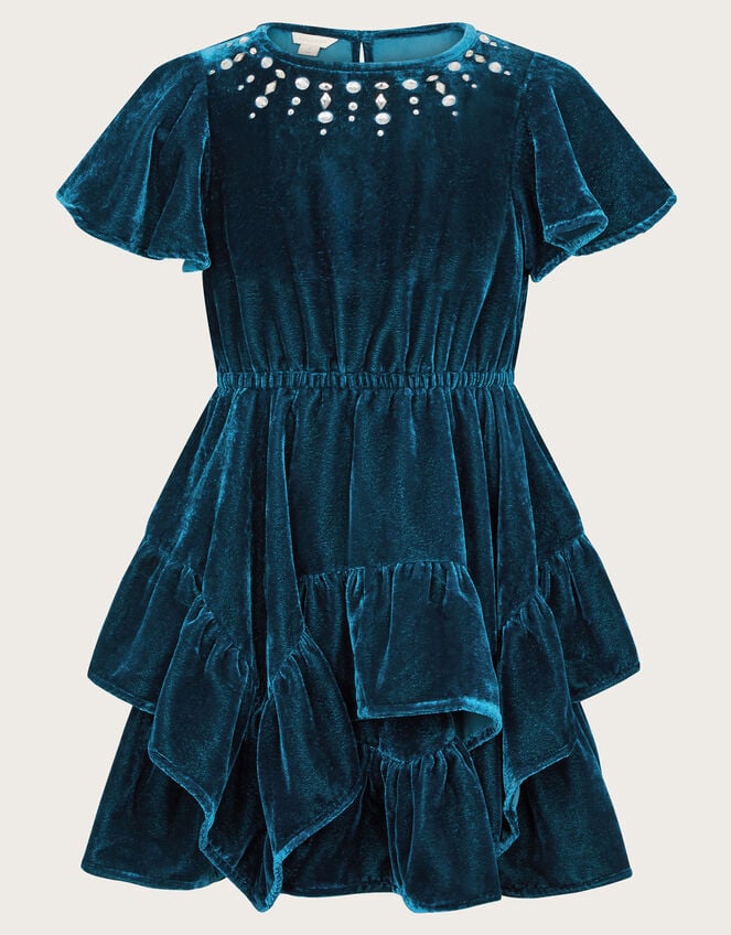 Gemstone Velvet Ruffle Dress, Teal (TEAL), large