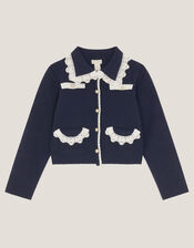 Crochet Collar Cardigan, Blue (NAVY), large