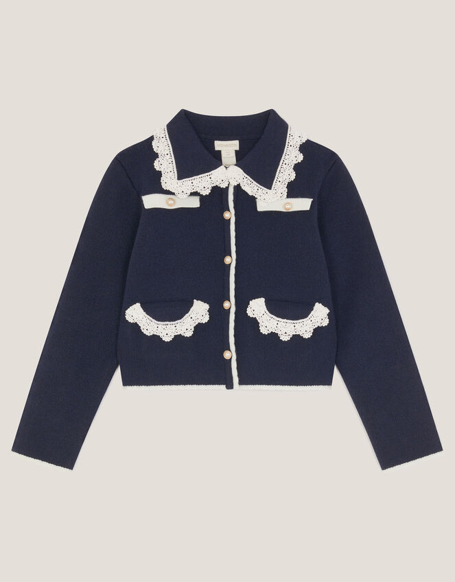 Crochet Collar Cardigan, Blue (NAVY), large