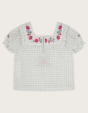 Floral Embroidered Check Blouse, Ivory (IVORY), large