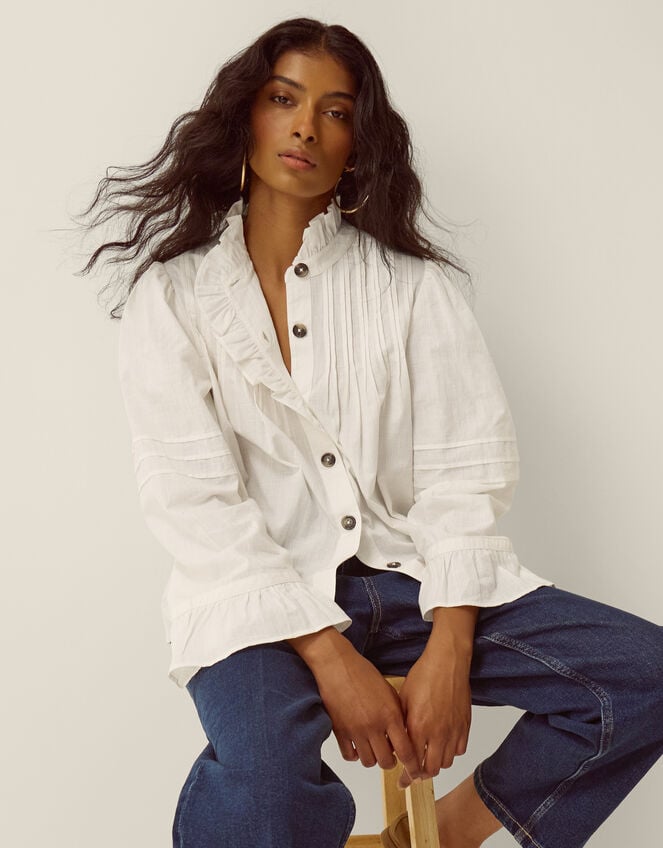 Teresa Frill Pintuck Shirt, White (WHITE), large