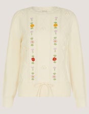 Elsie Floral Embroidered Cable Knit Jumper, Ivory (IVORY), large