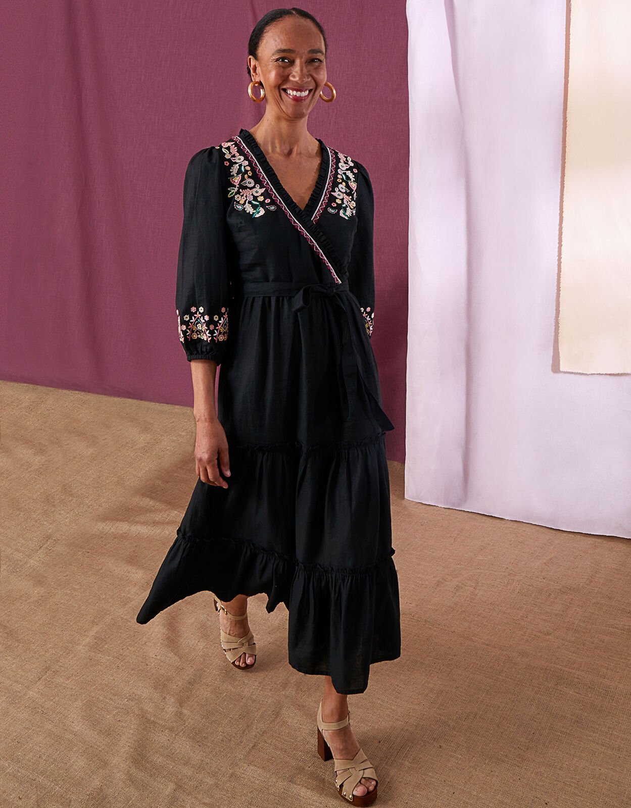 Embroidered wrap dress discount