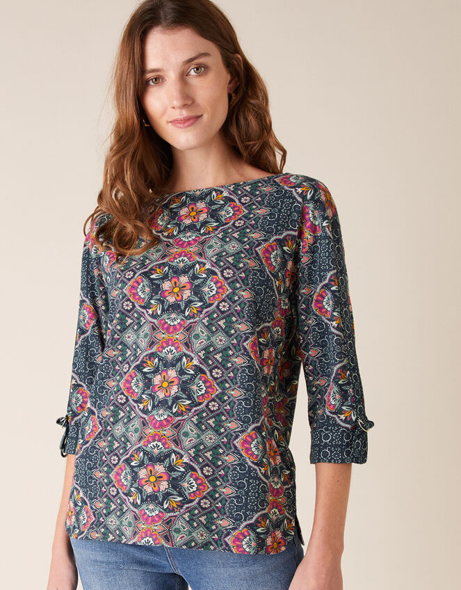 Paisley Floral Top with Linen and Organic Cotton, Blue (BLUE), large