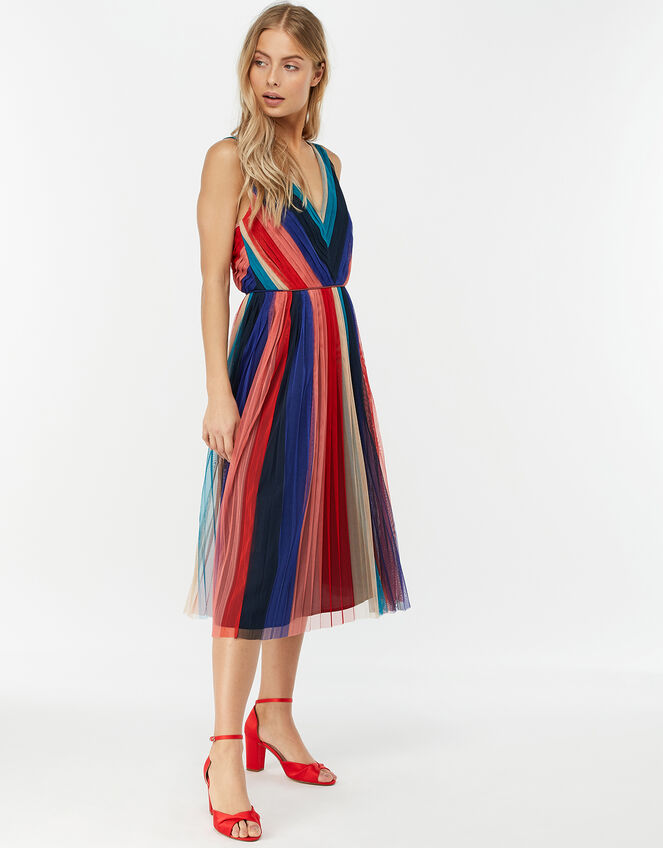 Simone Stripe Pleated Mesh Dress, Blue (NAVY), large