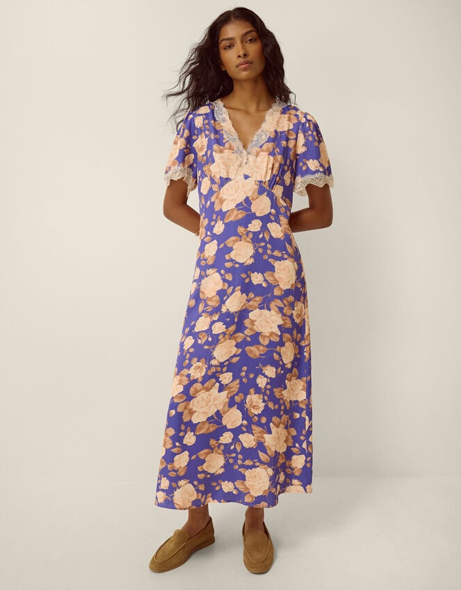 Lori Lace Floral Satin Midi Dress, Blue (BLUE), large