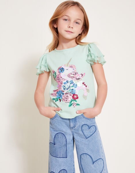 Sequin Unicorn Frilly T-Shirt, Green (GREEN), large