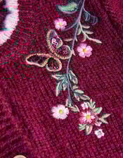 Floral Embroidered Cardigan, Red (BURGUNDY), large
