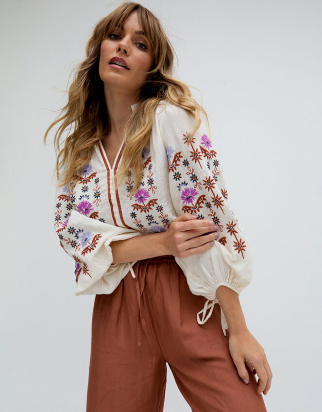 Raffya Dina Embroidered Blouse, Cream (CREAM), large