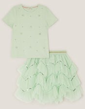 Embellished T-Shirt & Ruffle Skirt Set, Green (GREEN), large