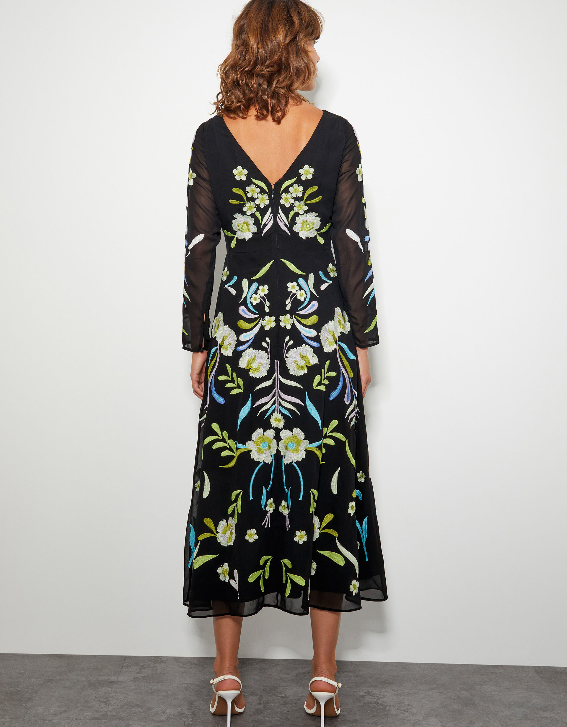 Ellen Embroidered Floral Midi Dress Black