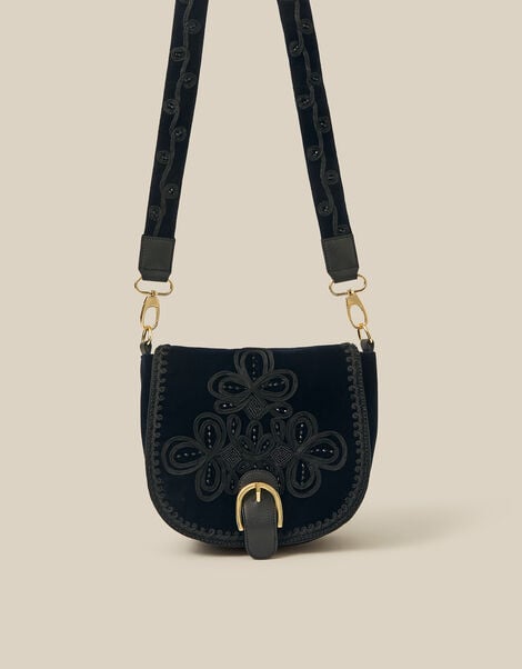 Dori Embroidered Velvet Saddle Crossbody Bag, , large