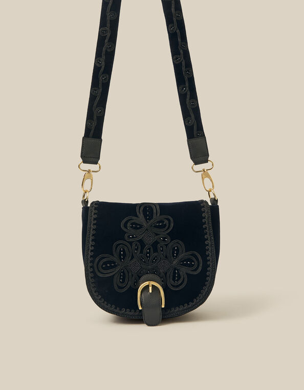 Dori Embroidered Velvet Saddle Crossbody Bag, , large