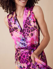 Crystal Animal Sleeveless Satin Dress, Pink (PINK), large