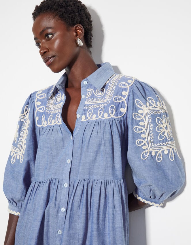 Damia Embroidered Chambray Mini Shirt Dress, Blue (DENIM BLUE), large