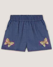 Butterfly Embroidered Pull On Shorts, Blue (BLUE), large
