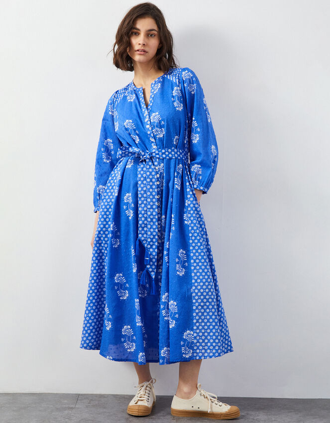 East Amber Hand-Screen Floral Print Midi Dress, Blue (BLUE), large