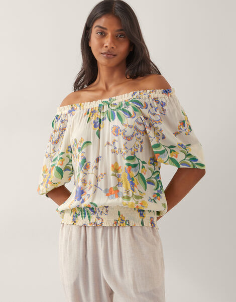 Kaia Floral Print Bardot Top, Ivory (IVORY), large