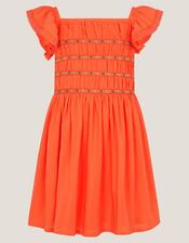 Smocked Square Neck Dress, Orange (ORANGE), large