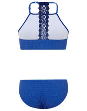 Crochet Insert Shirred Bikini Set, Blue (BLUE), large