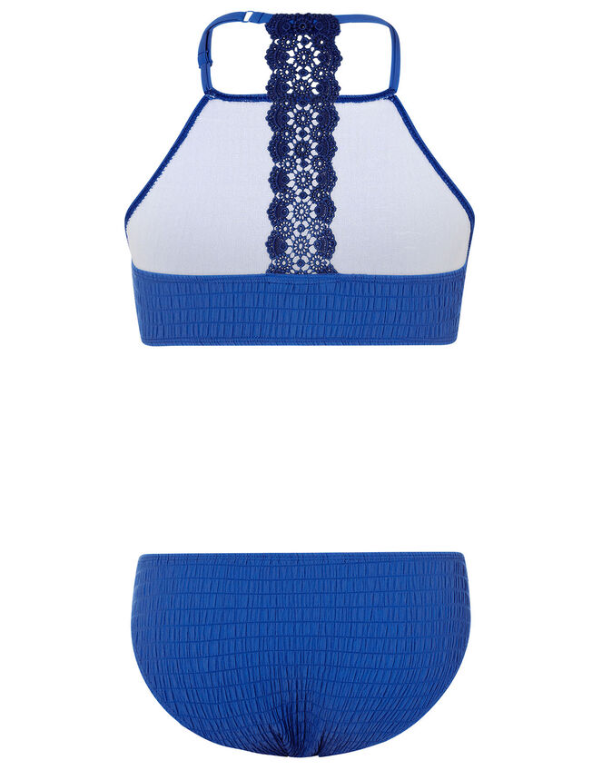 Crochet Insert Shirred Bikini Set, Blue (BLUE), large